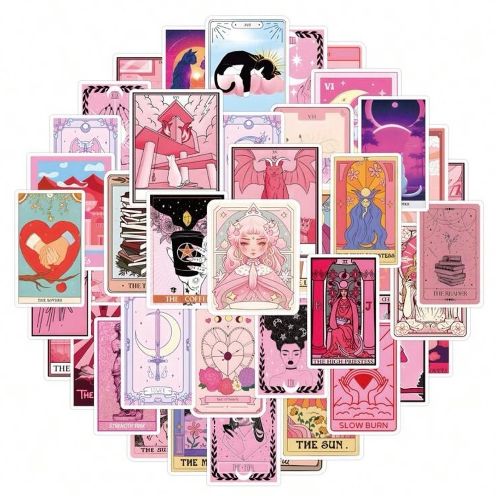 55 Pink Tarot Card Stickers Fun Cartoon Images Card Games Psychic - Picture 4 of 5
